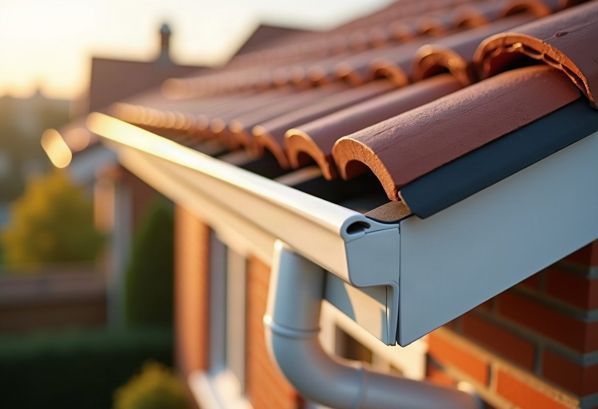 Gouttières en zinc, PVC ou aluminium : quelle matière choisir selon votre toiture et le climat du Nord ? 2 Système de gouttière aluminium neuf installé sur maison individuelle, tuiles et façade enduite