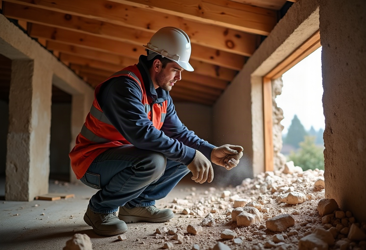Couverture après tempête : évaluer les dégâts, déclarer à l'assurance et choisir un couvreur fiable dans l'urgence 1 Couvreur inspecte tuiles cassées sur toiture après tempête, dégâts visibles